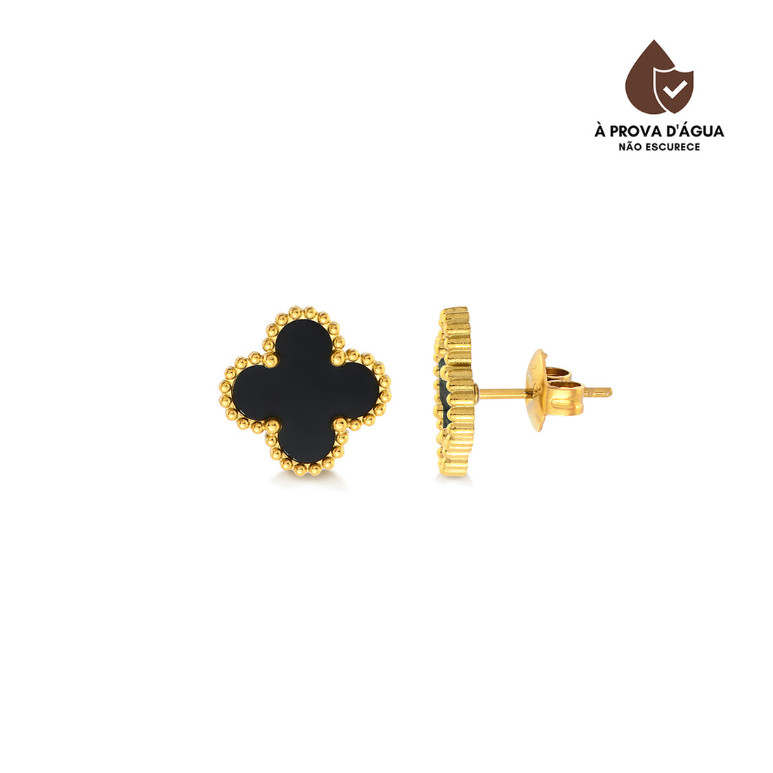Brinco Trevo Preto Banhado em Ouro 18k