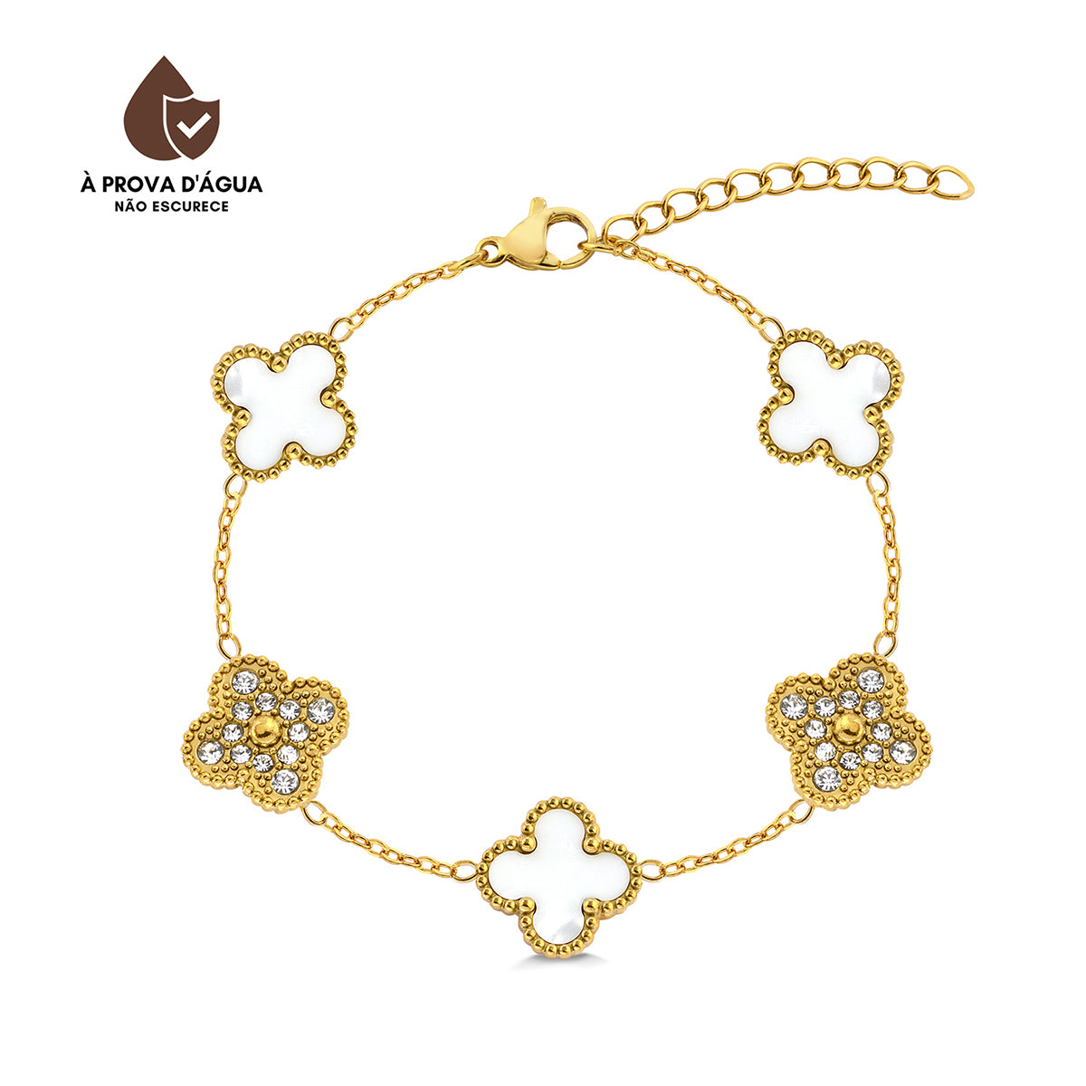 Pulseira Trevo Safira Cravejado Banhado em Ouro 18k