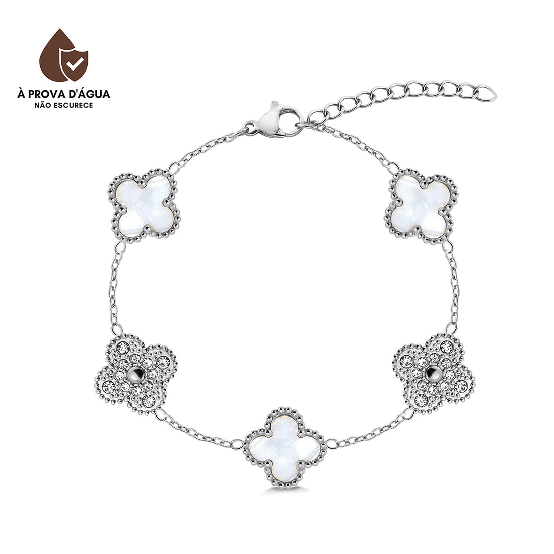 Pulseira Trevo Safira Cravejado Banhado em Prata