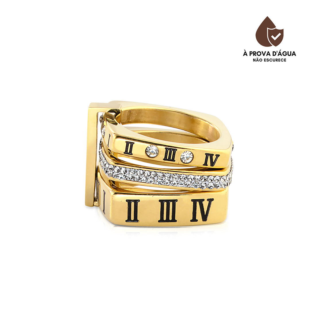 Anel Triplo Romano Luxo Banhado em Ouro 18k
