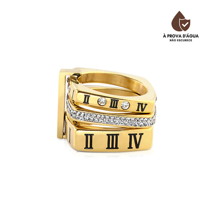Anel Triplo Romano Luxo Banhado em Ouro 18k