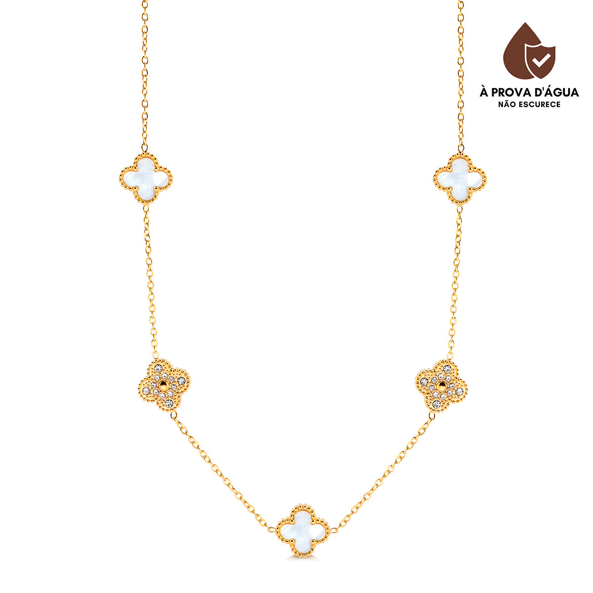 Colar Trevo Safira Cravejado Banhado em Ouro 18k