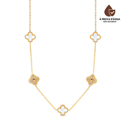 Colar Trevo Safira Cravejado Banhado em Ouro 18k